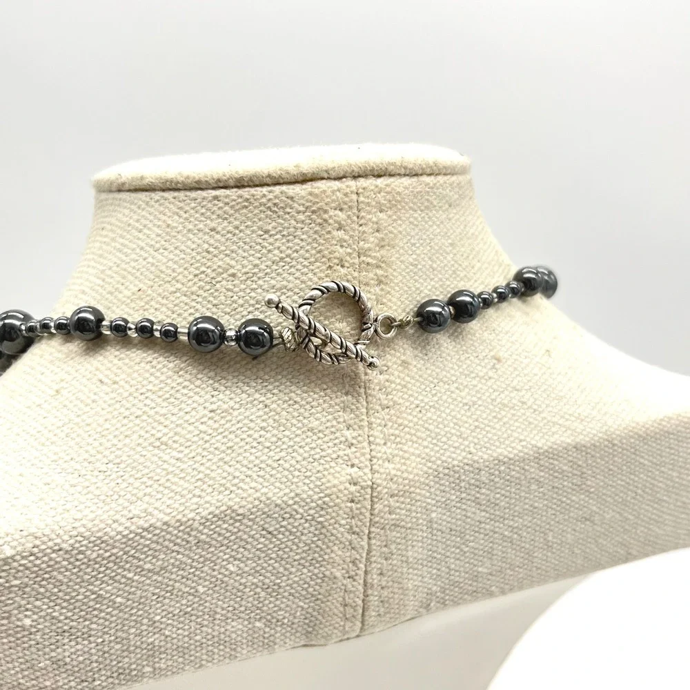Naga Carved Shell Warrior Pendant Hematite Bead‎ Statement Necklace